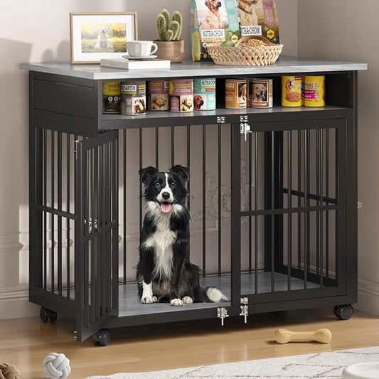 39.4" Dog Crate Furniture for Medium and Large Breed, Dog Kennel Furniture with Storage Shelf & Lockable Wheels, Heavy Duty Wooden End Side Table Pet Cage Indoor, Chew-Resistant, Grey-PawvioPets