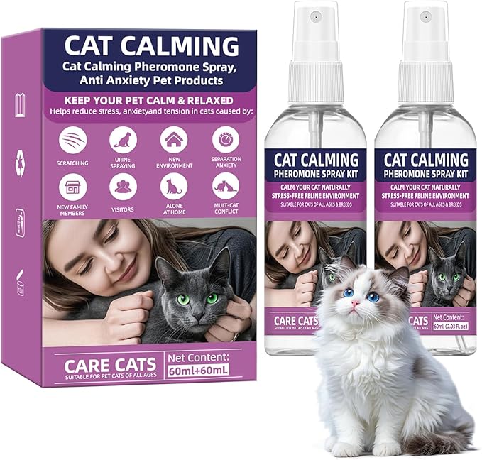 Cat Calming Pheromone Spray Kit Feline Calm Pheromones Vet Recommended Drug-Free Anxiety Relief for Multi-Cat Homes,Stops Scratching & Urine Marking,60-Day Supply | Drug-Free (2 * 60 mL)-PawvioPets