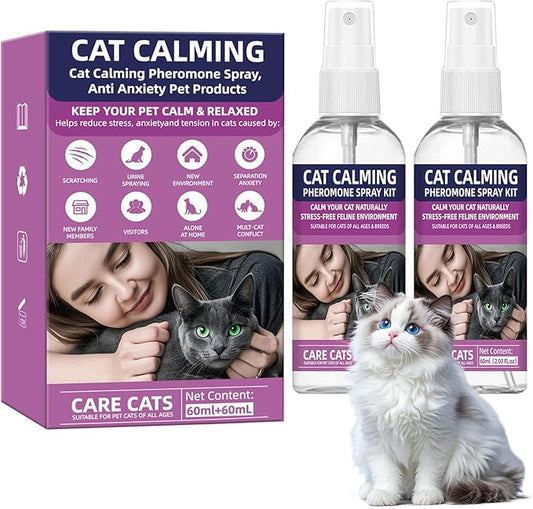 Cat Calming Pheromone Spray Kit Feline Calm Pheromones Vet Recommended Drug-Free Anxiety Relief for Multi-Cat Homes,Stops Scratching & Urine Marking,60-Day Supply | Drug-Free (2 * 60 mL)-PawvioPets