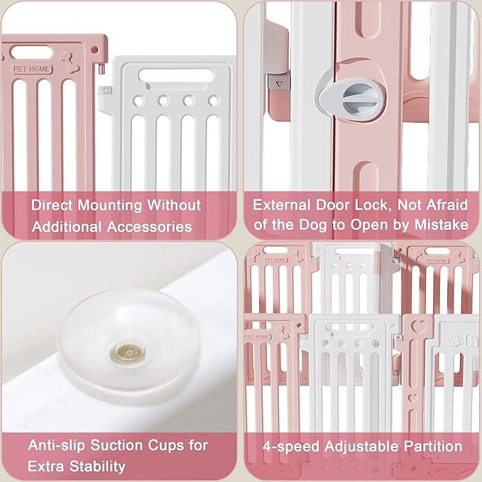 2 Room Dog Playpen with Door,DIY Shape Combination Puppy Pen,16-Panel+2 Link Piece+Large Door+Small Door,25.5" H Dog Fence,Non-Slip&Secure Pet Gate,Easy to Assemble,Pink + White-PawvioPets
