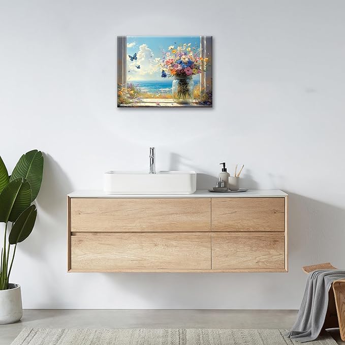 Beach Floral Bathroom Pictures Wall Art, Colorful Flower Bathroom Wall Decor, Coastal Ocean Framed Painting Canvas Artwork for Bedroom Living Room Decorations 16"L x 12"W-PawvioPets