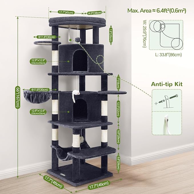 Globlazer Corner Cat Tree for Large Cats, 66inch Tall Curved Series Large Cat Tower for Multiple Indoor Cats with 6 Scratching Posts, 2 Spacious Cat Condos, Hammock, Hanging Basket, C66, Dark Grey-PawvioPets