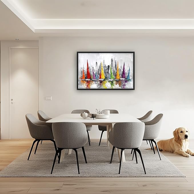 Framed Large Sailboat Wall Art for Living Room, Oversized Abstract City Wall Decor Colorful Sailboat Canvas Painting Pictures Modern Artwork for Living Room Bedroom Office Dinging Room 36"x24"-PawvioPets