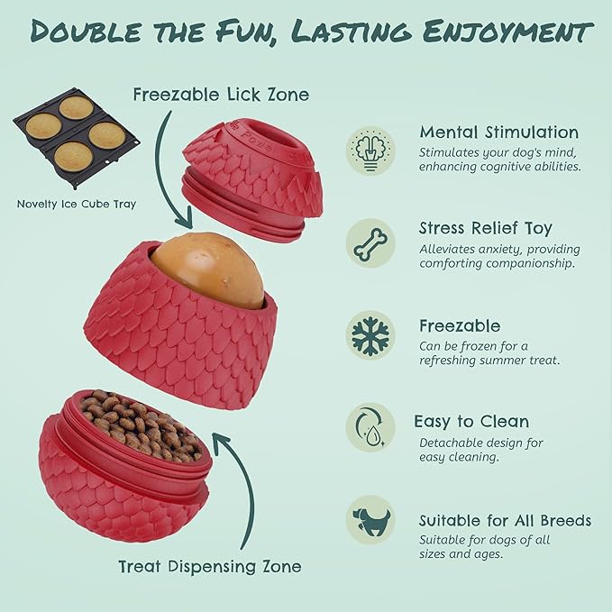 Enrichment Frozen Treat Toy for Dogs - 2-in-1 Dog Licking Toy & Dispensing Dog Puzzle Toy, Fillable Rubber Interactive Toy, Keeps Them Busy, Reduces Anxiety, Safe & Easy to Clean Red-PawvioPets