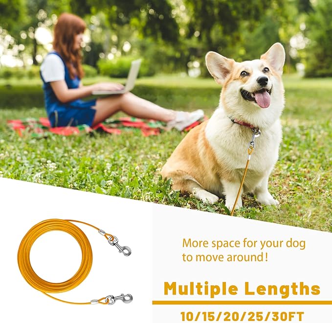 Dog Tie Out Cable 10/15/20/25/30 FT Runner for Yard Steel Wire Cable with Durable Superior Clips Yellow Chains for Outside Dog Lead for Large Up to 165 Lbs-PawvioPets