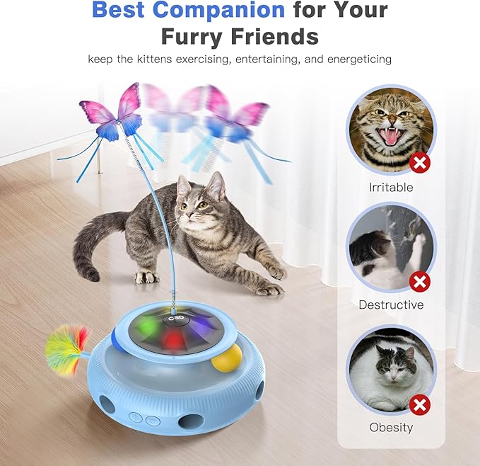 Automatic Interactive Cat Toys for Indoor Cats & Bored Adults - Kitten Toys with Fluttering Butterfly, Ambush Feather & Track Balls - Exercise & Stimulation for Playful Cats (Sky Blue)-PawvioPets