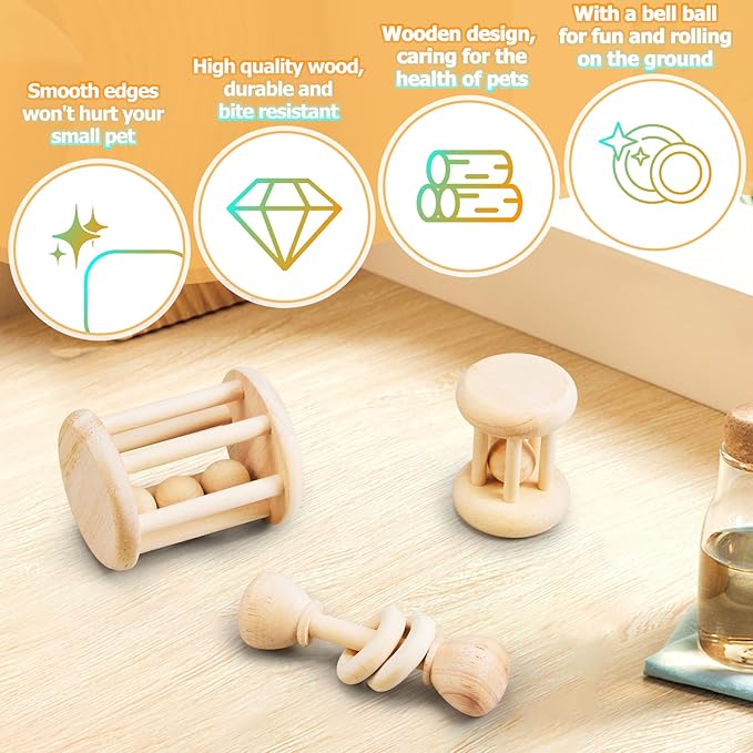 3 Pcs Natural Wooden Bunny Toys, Safe Rabbit Toys for Guinea Pig Chinchillas Hamsters Small Animals Playing Teeth Grinding Indoor Outdoor-PawvioPets