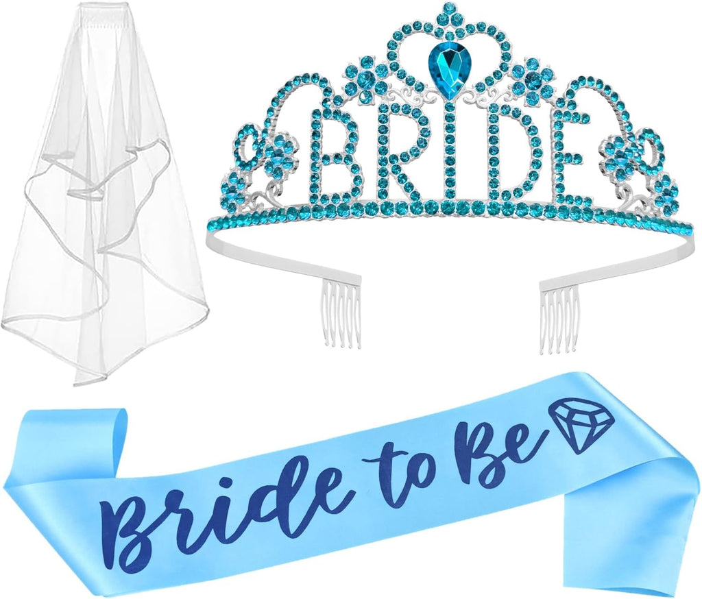 JETKONG 3 Pcs Bachelorette Party Decorations "BRIDE" Crown, Bride to Be Sash&Veil for Women Bachelorette Party Gifts, Bridal Shower Supplies, Gifts, Favors (Light Blue)