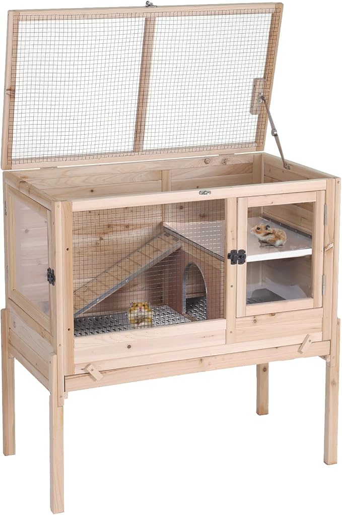 Aivituvin Wooden Guinea Pig Cages Indoor with Removable Stand, Anti Chewing Rabbit Hutch with Ramp and Wire Mesh, 2 Story Small Animals House Habitat with Pull Out Tray (Light Natural Wood)-PawvioPets