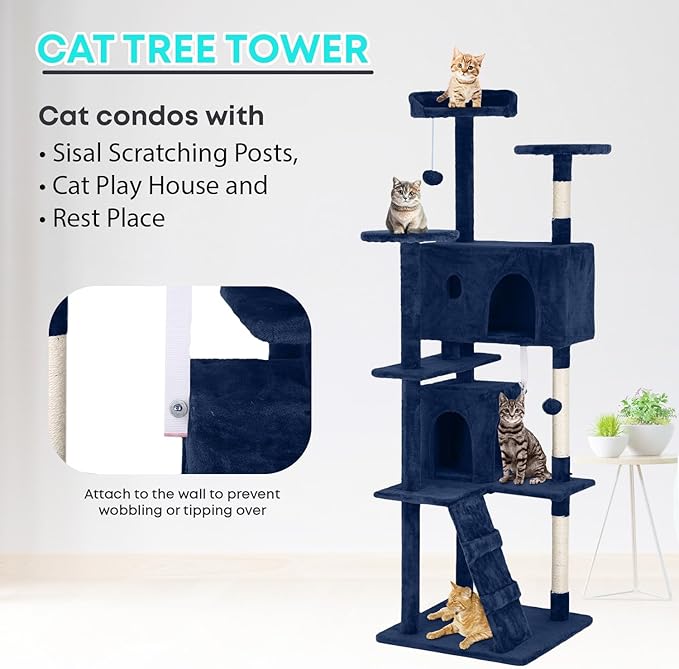 FDW Cat Tree 70in Cat Tower Multi-Level Durable Cat Scratching Post & Cozy Fun Cat Jumping Platform Space Saving Cat Condo Pet Play House for Indoor Cats,Navy Blue-PawvioPets