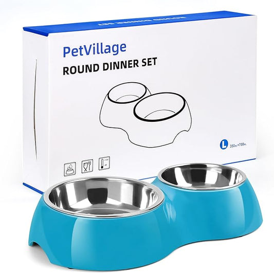 Elevated Dog Bowls Set - Non-Slip Raised Pet Feeder with Medium (2 Cups) & Large (4 Cups) Stainless Steel Bowls - Includes Durable Resin Stand for Puppies, Adult Dogs & Cats - Blue-PawvioPets