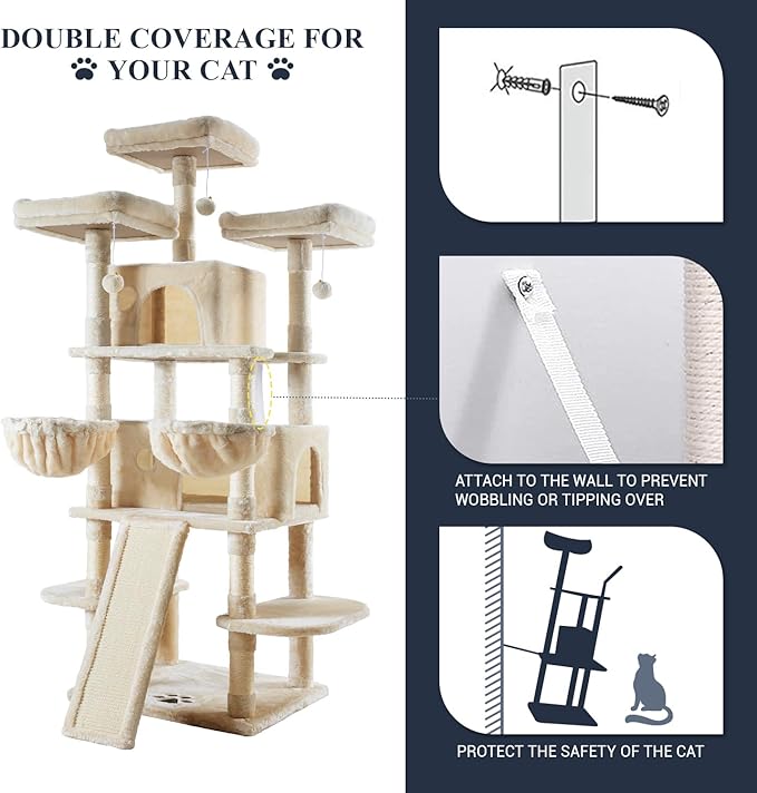 Allewie 68 Inches Cat Tree/House and Towers for Big Feline/Scratching Post/Multi-Level Large Kitty Climbing Tree with Condo/Beige-PawvioPets