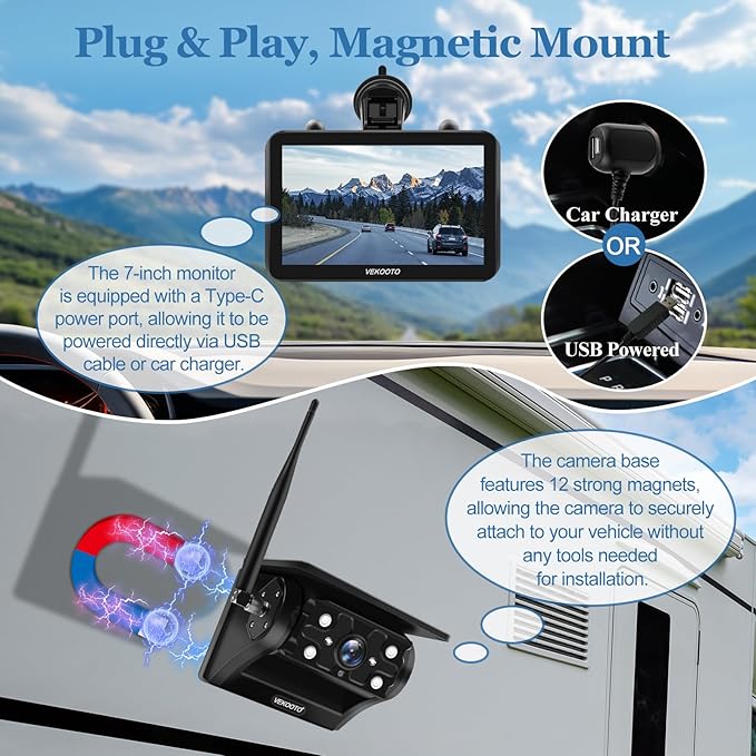2 Magnetic Solar Wireless Backup Camera with 7'' IPS Touchscreen, 15,000mAh Rechargeable, Auto Sleep, No Wiring, 1080P Night Vision Wireless Backup Camera for Trucks, RV, Trailer, Camper VEKOOTO VK7-2-PawvioPets