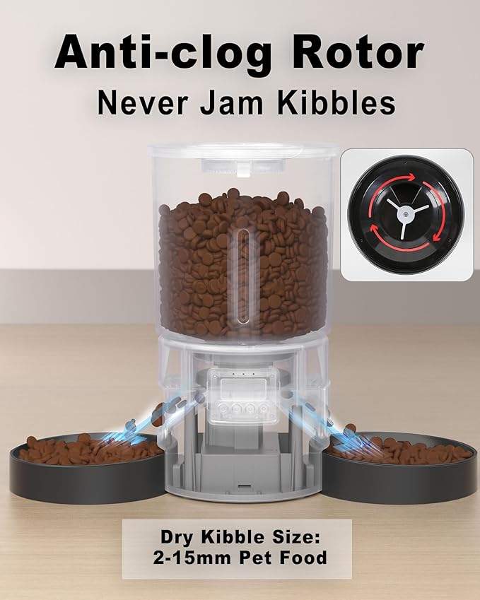 Automatic Dual Cats Feeder for 2 Cats,6 Meals/Day,12 Portions/Meal,Dual Power Auto Pet Feeder Dry Food Dispenser,Flexible Schedule Timer 10S Voice Record (Black, ABS Dual Bowls)-PawvioPets