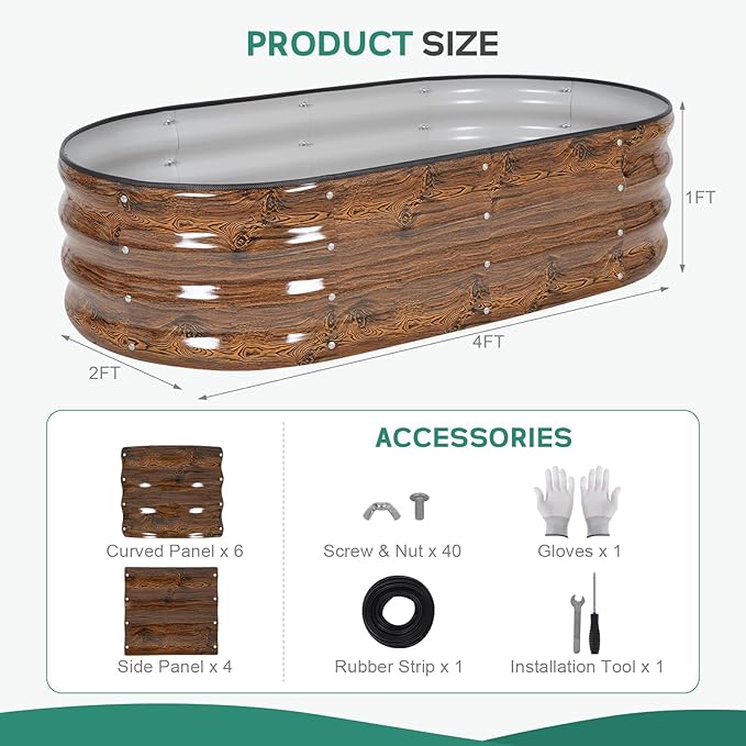 Galvanized Raised Garden Bed Outdoor - 4×2×1ft Planter Raised Beds for Gardening | Oval Metal Garden Planter Box with Safety Edging and Gloves for Vegetables Fruits and Flowers - Grain-PawvioPets