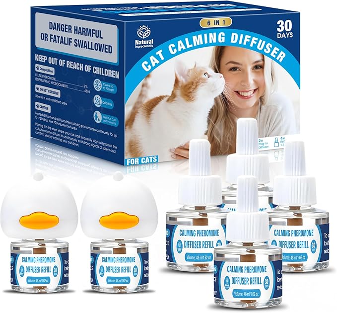 Cat Calming Pheromones Diffuser: 6-in-1 Kit Cat Appeasing Pheromone Diffuser to Calm (2 Plugin+4x48ml Refills) for Comfort Reduces Stress Anxiety, Long-Lasting Appeasing Pheromone for Pet Cat (6in1)-PawvioPets