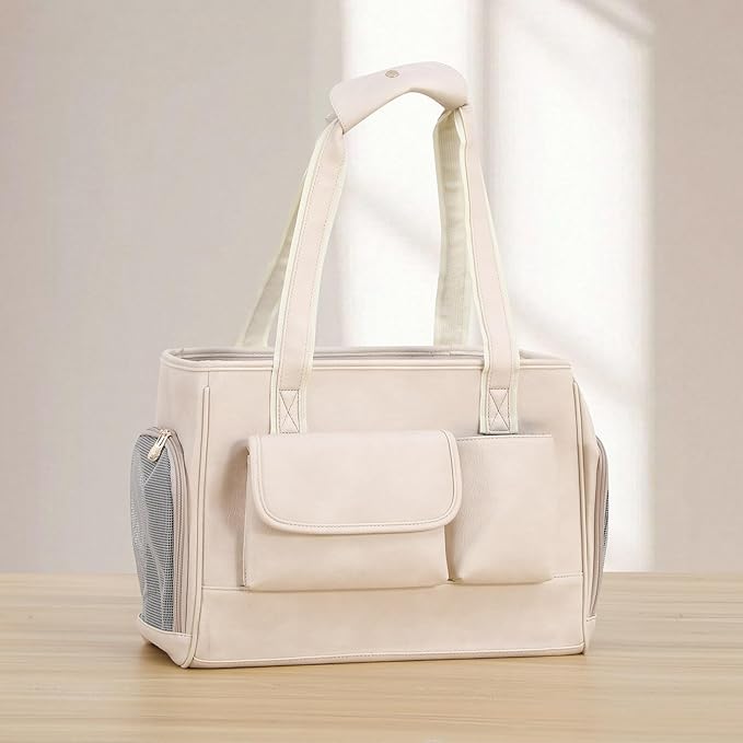 Dog Carrier Purse, Fashion Leather Pet Carrier Bag, Airline Approved Soft Sided Cat Travel Tote Bag with Pockets White-PawvioPets