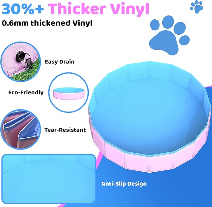 2025 Updated Foldable Dog Pool, 87" x 12" Kiddie Pool with Hard Plastic, Non-Slip Dog Bath Tub for Outdoor Backyard, Collapsible Dog Swimming Pool for Kids Dogs Pets (Pink)-PawvioPets