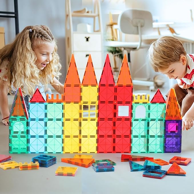 32-Pack Magnetic Tiles–Rainbow Builder Set, 2.95in STEM Construction Kit with Transparent Windows, Expand Creative Play for Kids-PawvioPets