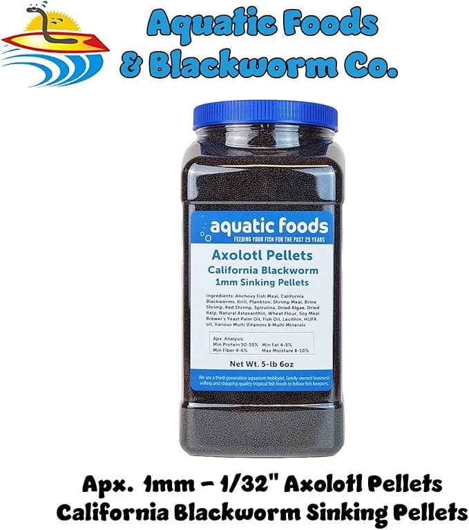 Aquatic Foods Inc. Axolotl Blackworm Pellets. 1mm-1/32 Sinking California Blackworm Micro Pellets for Baby Axolotl, Frogs, Shrimp, Salamanders, Newts, Snails…5-lbs 6oz Jar-PawvioPets