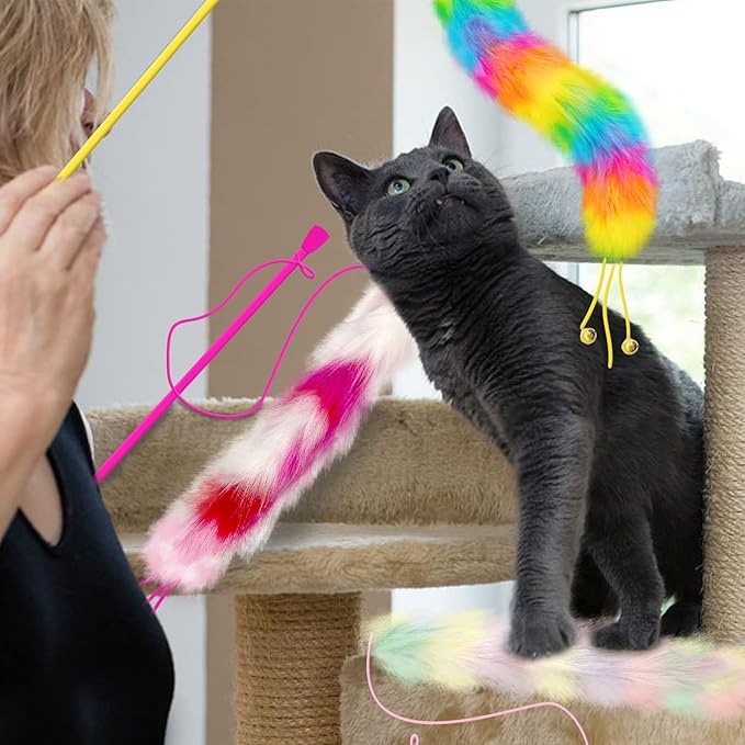 3 Pack Cat Wand Toy, Rainbow Cat Feather Toys with Bells, Teaser Wand with Soft Furry Tail, Interactive Toys for Indoor Cats & Kitten & Kitty-PawvioPets