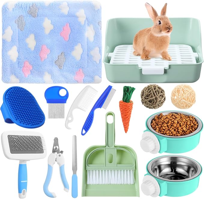 15 Pcs Rabbit Starter Kit Small Rabbit Litter Box Animal Grooming Kit Bunny Toys Bowl Blankets with Cleaning Set for Guinea Pig Accessories(Green)-PawvioPets