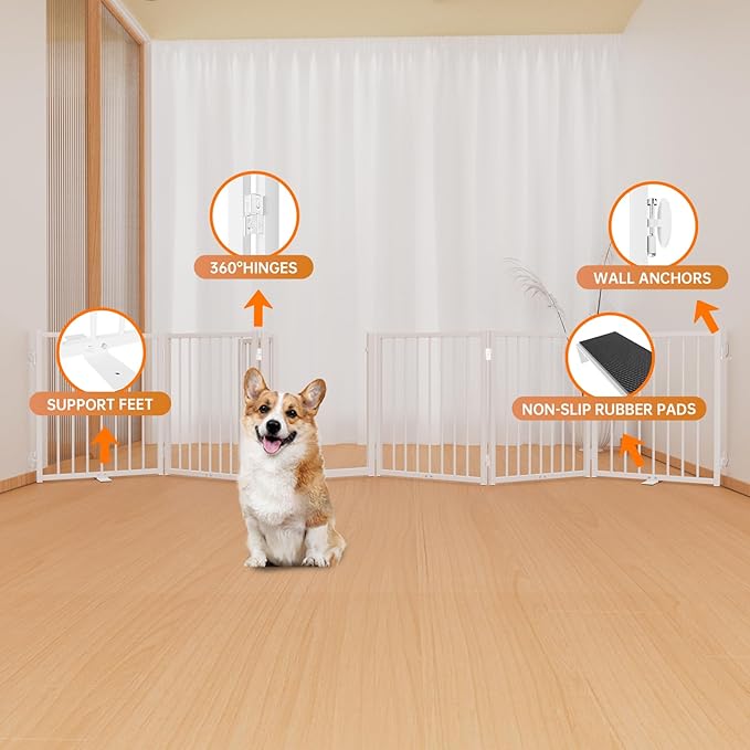 Full Metal Freestanding Dog Gate with Door, 24'' Height Foldable Pet Dog Fence for Indoor & Outdoor, 6 Panels Extra Wide Free Standing SmallDog Gates for Doorways,House,Stairs,Porch,Deck,Yard-PawvioPets