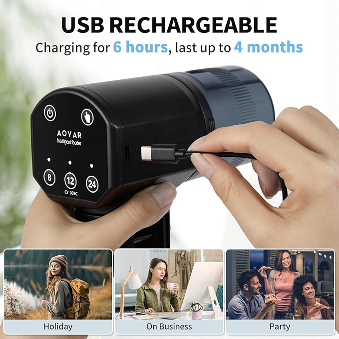 Automatic Fish Feeder for Aquarium: Rechargeable Fish Feeder Dispenser,Moisture-Proof & 200ML Large Capacity Betta Turtle Vacation Feeder,Auto Fish Food Dispenser Timer for Weekends/Business-PawvioPets