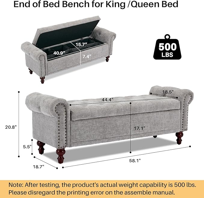 58.1'' Storage Bench Upholstered Chenille End of Bedroom Bed Bench Ottoman with Tufted Cushioned Rolled Arm Large Storage Space for Reading Living Room Entryway, Light Grey-PawvioPets