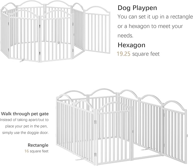 BHG Metal No-Assembly Freestanding Dog Gate with Door Walk Through, Extra Wide 96", Extra Tall 32" Pet Gate, Accordion Puppy Folding Playpen Dog Fence, with 2PCS Support (White, 8 Panels)-PawvioPets