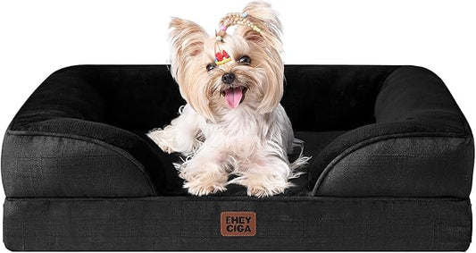 EHEYCIGA Orthopedic Dog Bed for Small Dogs, Waterproof Memory Foam Small Dog Beds with Sides, Non-Slip Bottom and Egg-Crate Foam Medium Pet Couch Bed with Washable Removable Cover, Black-PawvioPets