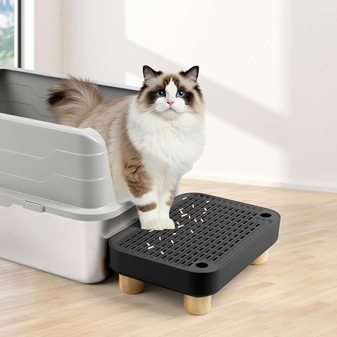 Cat Litter Box Step Ramp, Cat Litter Catcher Mat with Wooden Feet, Filter Function, Cat Pedal Stool for Self-Cleaning Cat Litter Box, Ideal for Kitten & Elderly Cats (Black)-PawvioPets