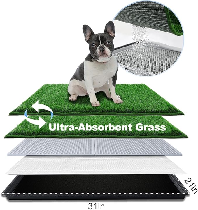 Dog Grass Pad with Tray Medium 31”×21”, Dog Potty with Ultra-Absorbent Artificial Grass for Dogs with Hemmed Edge, Pee Pads for Dogs, Realistic, Odor Free, Litter Box for Balcony-PawvioPets