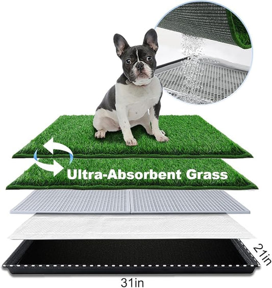 Dog Grass Pad with Tray Medium 31”×21”, Dog Potty with Ultra-Absorbent Artificial Grass for Dogs with Hemmed Edge, Pee Pads for Dogs, Realistic, Odor Free, Litter Box for Balcony-PawvioPets