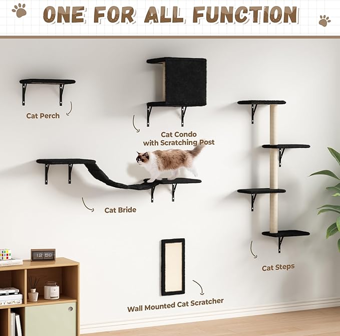 COZIWOW Wall Mounted Cat Furniture, Cat Wall Shelves and Perches, Floating Cat Shelves for Wall Set of 5 (Black)-PawvioPets