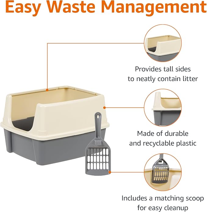 Amazon Basics Large Cat Litter Box with High Sides, Open Top, Includes Scoop, 19 x 15 x 11.75 inches, Grey/Beige-PawvioPets