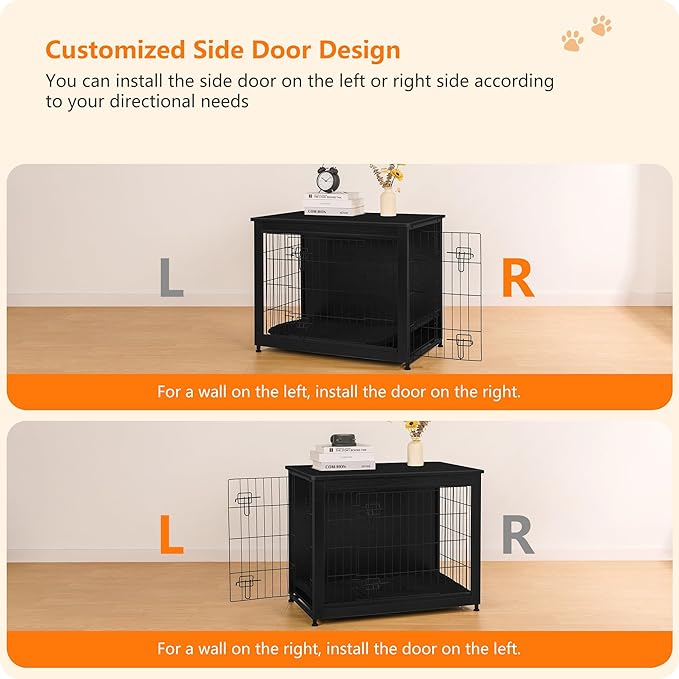DWANTON Dog Crate Furniture with Cushion, Wooden Kennel Table with Double Doors, Indoor Dog House, Medium Size, 32.5" L, Black-PawvioPets