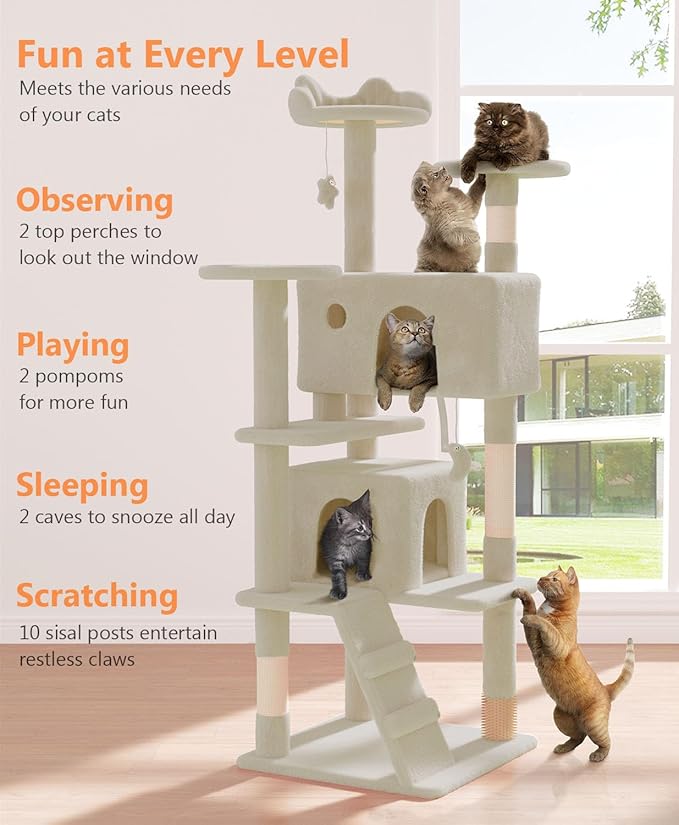 60'' Cat Tree Tower for Indoor Cats Large Adult,Cute/Tall Modern Cat Tree for Big Cats 20 lbs, Plush Multi-Level Cat Condo with Scratching Posts, Dangling Ball Indoor (Beige, 60 inch)-PawvioPets