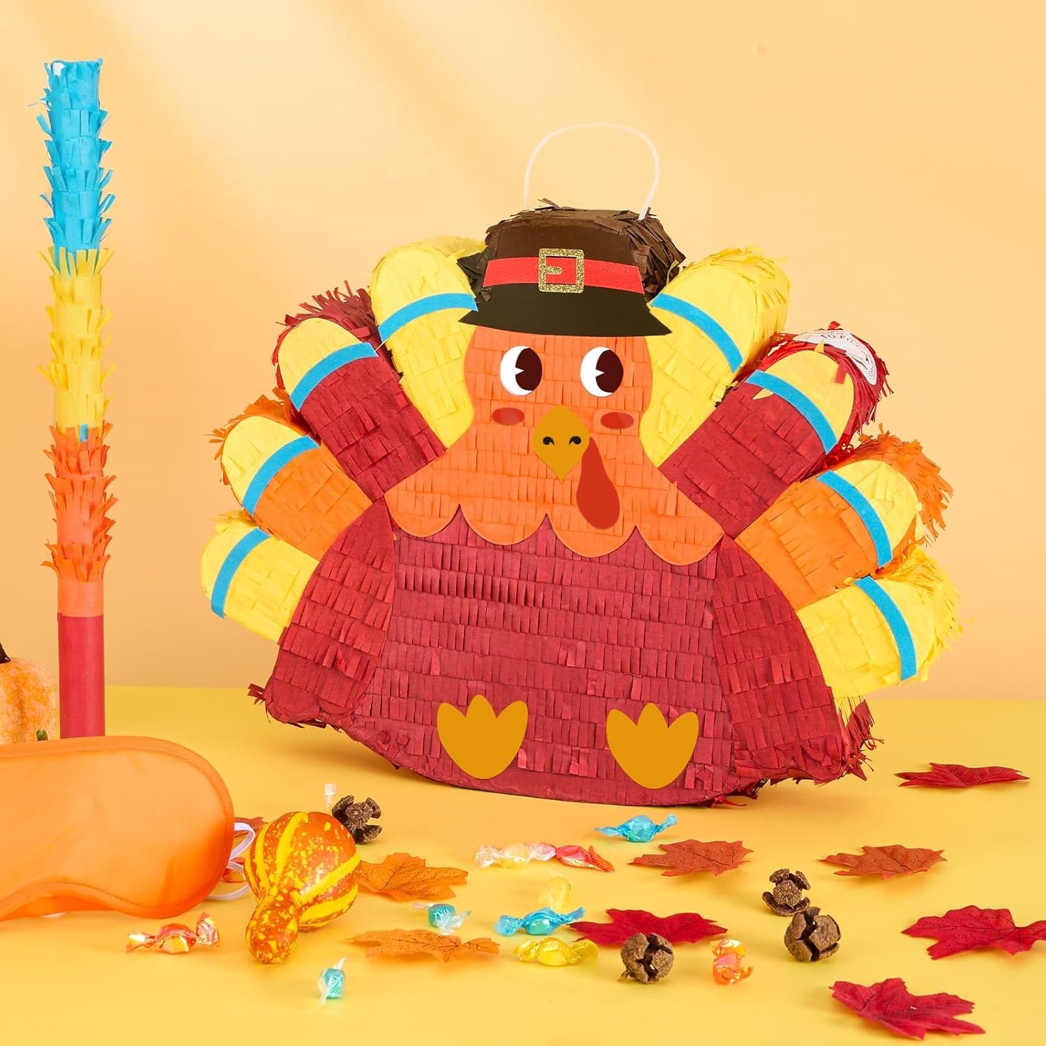 WERNNSAI Thanksgiving Turkey Pinata - Fall Decorations Red Turkey Pinata Thanksgiving Games for Kids Fall Festival Autumn Decor Carnival Party Supply with Blindfold