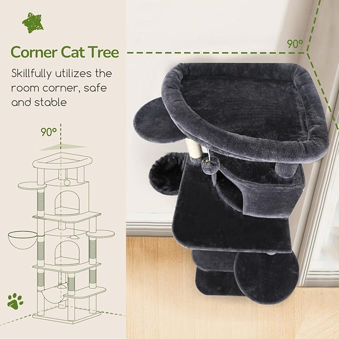 Globlazer Corner Cat Tree for Large Cats, 66inch Tall Curved Series Large Cat Tower for Multiple Indoor Cats with 6 Scratching Posts, 2 Spacious Cat Condos, Hammock, Hanging Basket, C66, Dark Grey-PawvioPets
