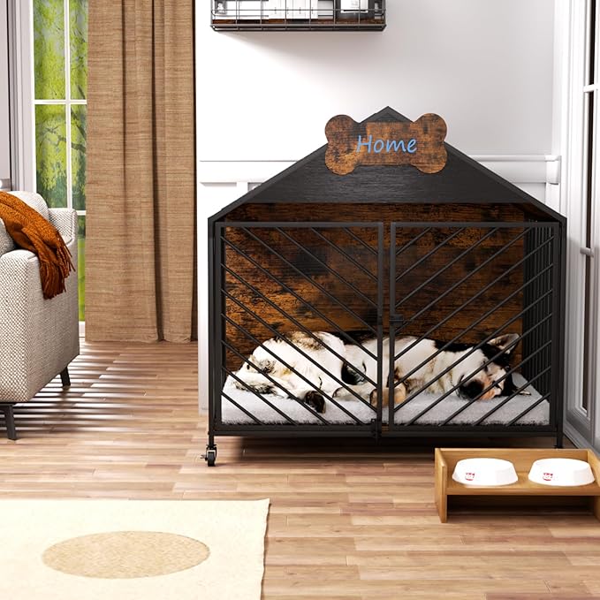 Furniture-Style Dog Crate with Gable Roof Design, Double Locking Doors Indoor Kennel for Small & Medium Dogs, Chew-Proof Escape-Proof Dog Cage, Rustic Brown-PawvioPets