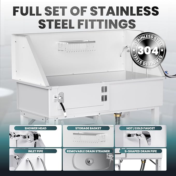 Dog Washing Station for Home, 38" White Professional Stainless Steel Dog Grooming Tub, Height Adjustable Dog Bathing Station, Upgrade Parts, Dog Bath Tubs for Small & Medium Dogs(Left Stair)-PawvioPets