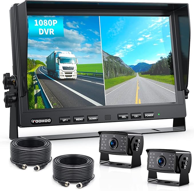 Fookoo Ⅱ HD Wired Backup Camera System Kit,10 inch Dual Split Screen Monitor with Recording IP69 Waterproof Front View Rear View Cameras Parking Lines for Truck/Semi-Trailer/Box Truck/RV(DY102)-PawvioPets