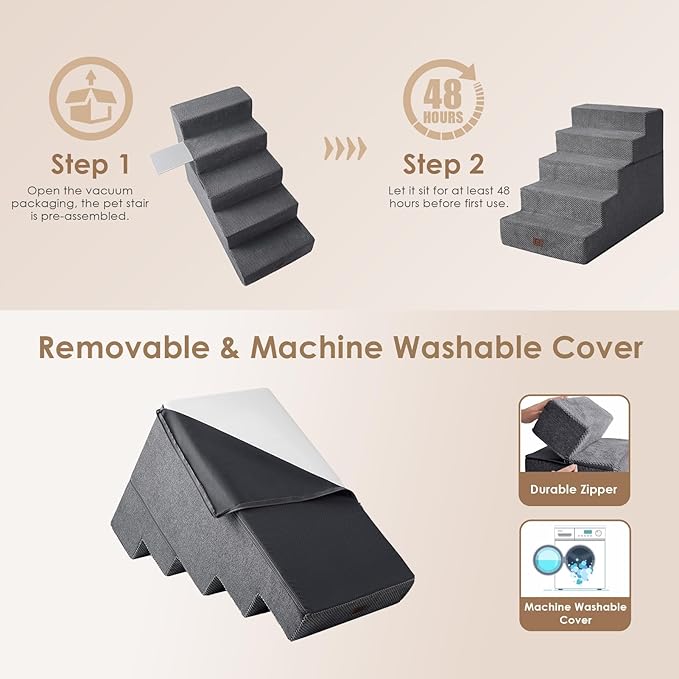 EHEYCIGA Dog Stairs for High Bed 25" H, 5-Step Extra Wide Dog Steps for Bed, Pet Steps for Small Dogs and Cats, Non-Slip Balanced Pet Ramp Indoor, Grey-PawvioPets