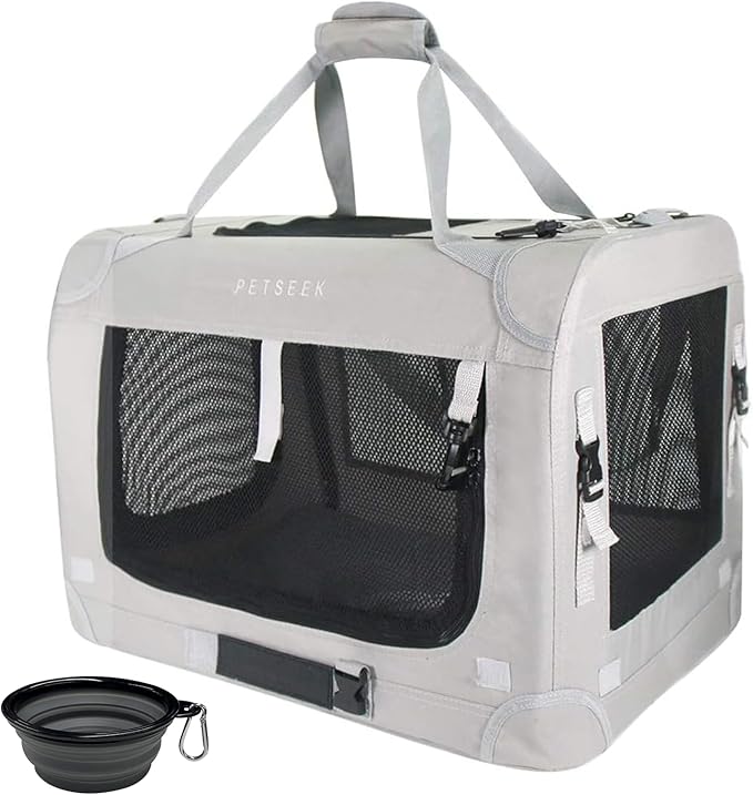 Extra Large Cat Carrier Soft Sided, Portable Small Dog Carrier for 2 Cats, 24"x16.5"x16" Car Travel Folding Comfortable Design with Bowl, Grey-PawvioPets