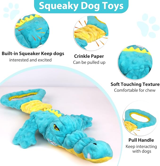 Dog Toys Cute Alligator Dog Toy Tough Plush Puppy Toy for Playtime, Training & Tug of War- Interactive Squeaky & Crinkle Chew Toy for Small to Large Dogs-PawvioPets