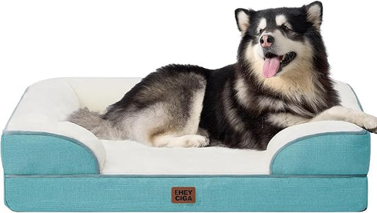 EHEYCIGA Orthopedic XL Dog Beds, Waterproof Memory Foam Dog Bed for Extra Large Dogs, Non-Slip Bottom and Egg-Crate Foam Big Pet Couch Bed with Washable Removable Cover, Turquoise Blue-PawvioPets