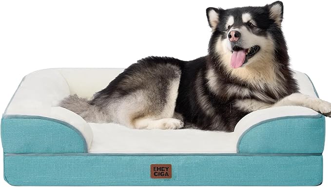 EHEYCIGA Orthopedic Dog Beds for Extra Large Dogs, Waterproof Memory Foam XXL Dog Bed with Sides, Non-Slip Bottom and Egg-Crate Foam Big Pet Couch Bed with Washable Removable Cover, Turquoise Blue-PawvioPets