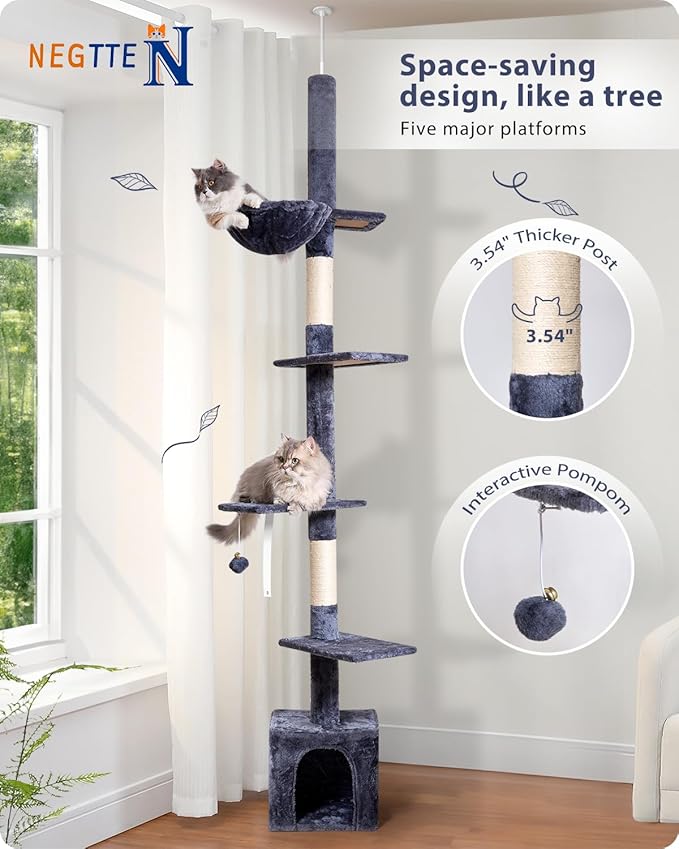 Floor to Ceiling Cat Tree, 5-Tier Height (95-109 inches) - Adjustable Cat Climbing Tower with Sisal Scratching Posts, Cat Condo, Hammock, Platforms, and Hanging Balls-PawvioPets