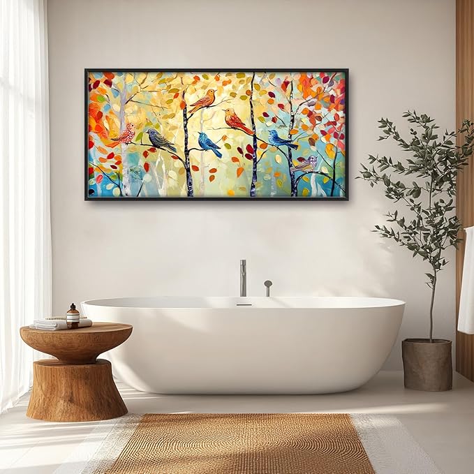 Extra Large Framed Abstract Bird Forest Wall Art,Colorful Birds Birch Tree Wall Decor Pictures for Living Room,Canvas Print Painting Modern Artwork Bedroom Office Bathroom Home Decor 60L x 30W-PawvioPets